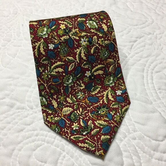 Michiko London Koshino Men’s Tie 100% Silk Floral Print on Burgundy Background - Picture 1 of 8